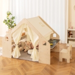 Дървена детска къща за игра Ginger Home 6 в 1 - Стол, Маса, Черна Дъска, Органайзер, Тента и Мека Подложка