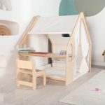 Дървена детска къща за игра Ginger Home 6 в 1 - Стол, Маса, Черна Дъска, Органайзер, Тента и Мека Подложка