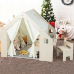 Дървена детска къща за игра Ginger Home 6 в 1 - Стол, Маса, Черна Дъска, Органайзер, Тента и Мека Подложка