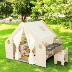 Дървена детска къща за игра Ginger Home 6 в 1 - Стол, Маса, Черна Дъска, Органайзер, Тента и Мека Подложка
