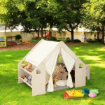 Дървена детска къща за игра Ginger Home 6 в 1 - Стол, Маса, Черна Дъска, Органайзер, Тента и Мека Подложка