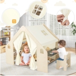 Дървена детска къща за игра Ginger Home 6 в 1 - Стол, Маса, Черна Дъска, Органайзер, Тента и Мека Подложка