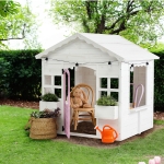 Детска дървена къщичка за игра Ginger Home - С прозорци и саксии, Бяла