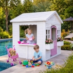 Детска дървена къщичка за игра Ginger Home - С прозорци и саксии, Бяла