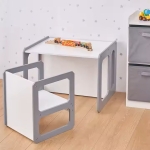Детски комплект 3 в 1 Ginger Home - Маса, столче и пейка, Бяло & Сиво