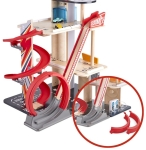 Дървен комплект Hape - Състезателна каскадна писта с гараж