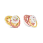 Силиконови залъгалки Baby Care - Yellow & Pink, с капаче, 2 броя, 6 m+