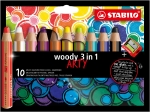 Комплект цветни моливи Stabilo - Woody 3 в 1, Arty, с острилка, 10 цвята