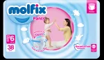 Бебешки пелени гащи Molfix - Extra Large 6, 38 броя + Подарък мокри кърпи