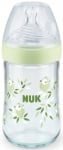 Стъклено шише със силиконов биберон NUK - Nature Sense, Softer, TC, 240 ml, размер M, Зелено