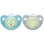 Силиконови залъгалки NUK - Trendline Night, Мече и Овца с кутия за стерилизиране, 6-18 m, 2 броя