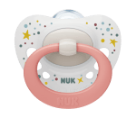 Силиконова залъгалка NUK - Signature, 0-6 месеца, Бяла с розова дръжка + кутийка за съхранение и стерилизация