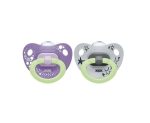 Силиконови залъгалки NUK - Happy Nights, с кутия за стирилизиране, 0-6 m, 2 броя