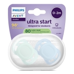 Залъгалки Philips Avent - Ultra Start, за момче, пастелни цветове с кутия за стерилизиране, 0-2 m, 2 броя