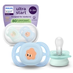 Залъгалки Philips Avent - Ultra Start, за момче, очички с кутия за стерилизиране, 0-2 m, 2 броя