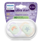 Залъгалки Philips Avent - Ultra Start Night, за момиче, луна и звезда с кутия за стерилизиране, 0-2 m, 2 броя