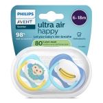 Залъгалки Philips Avent - Ultra Air, с декорация Маймунка и банан с кутия за стерилизиране, 6-18 m, 2 броя