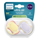 Залъгалки Philips Avent - Ultra Air, за момиче, пастелни цветове с кутия за стерилизиране, 0-6 m, 2 броя