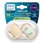 Залъгалки Philips Avent - Ultra Air Night, Day & Night, неутрални с кутия за стерилизиране, 0-6 m, 2 броя