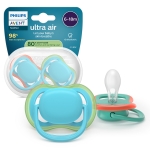 Залъгалки Philips Avent - Ultra Air, Зелено & Синьо с кутия за стерилизиране, 6-18 m, 2 броя