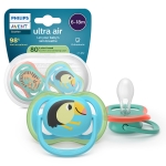 Залъгалки Philips Avent - Ultra Air, с декорация Тукан и тигър с кутия за стерилизиране, 6-18 m, 2 броя
