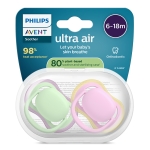 Залъгалки Philips Avent - Ultra Air, Зелена & Розова с кутия за стерилизиране, 6-18 m, 2 броя