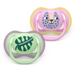 Залъгалки Philips Avent - Ultra Air, с декорация Листо и коте с кутия за стерилизиране, 6-18 m, 2 броя