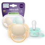 Залъгалки Philips Avent - Ultra Soft, пастелни цветове с кутия за стерилизиране, 0-6 m, 2 броя