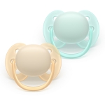 Залъгалки Philips Avent - Ultra Soft, пастелни цветове с кутия за стерилизиране, 0-6 m, 2 броя