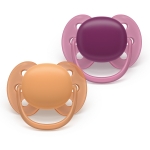 Залъгалки Philips Avent - Ultra Soft, Лилава & оранжева с кутия за стерилизиране, 18+ m, 2 броя