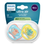 Залъгалки Philips Avent - Ultra Air, с декорация Маймунка и жаба с кутия за стерилизиране, 18 m+, 2 броя
