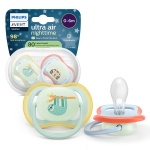 Залъгалки Philips Avent - Ultra Air Night, с декорация Tигър и ленивец с кутия за стерилизиране, 0-6 m, 2 броя