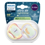 Залъгалки Philips Avent - Ultra Air Night, с декорация Пеперуда и гъсеница с кутия за стерилизиране, 0-6 m, 2 броя