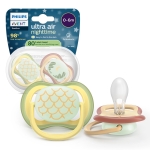 Залъгалки Philips Avent - Ultra Air Night, Неутрални пастелни цветове с кутия за стерилизиране, 0-6 m, 2 броя