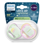 Залъгалки Philips Avent - Ultra Air Night, с декорация Пеперуда и птица с кутия за стерилизиране, 6-18 m, 2 броя