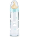 Стъклено шише с каучуков биберон NUK - New Classic FC+, 240 ml, размер М, 0-6 m, Сини облачета