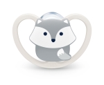Силиконова залъгалка NUK - Space, Сиво Лисиче с кутия за стерилизиране, 0-6 m